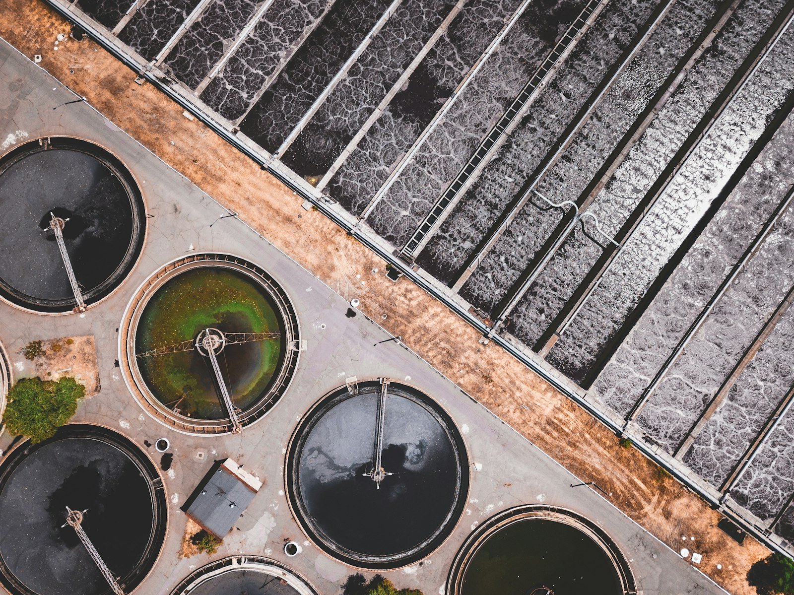 Aerial view of industrial filtration ponds used in brine management and resource recovery