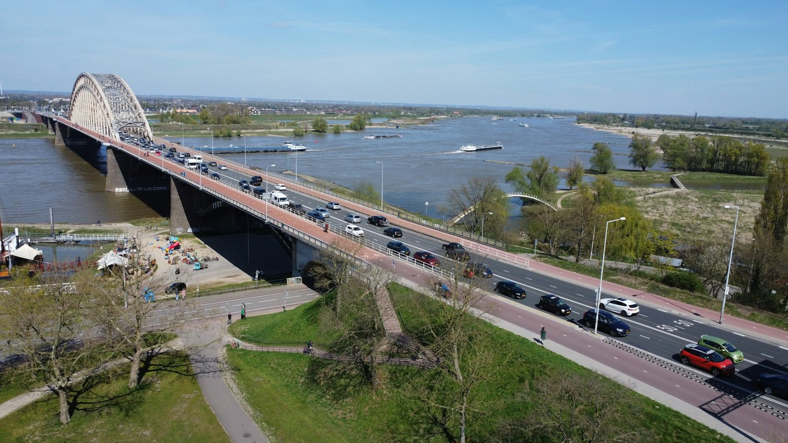 Aerial view of the Waal river and Waalbrug bridge at Nijmegen, Netherlands